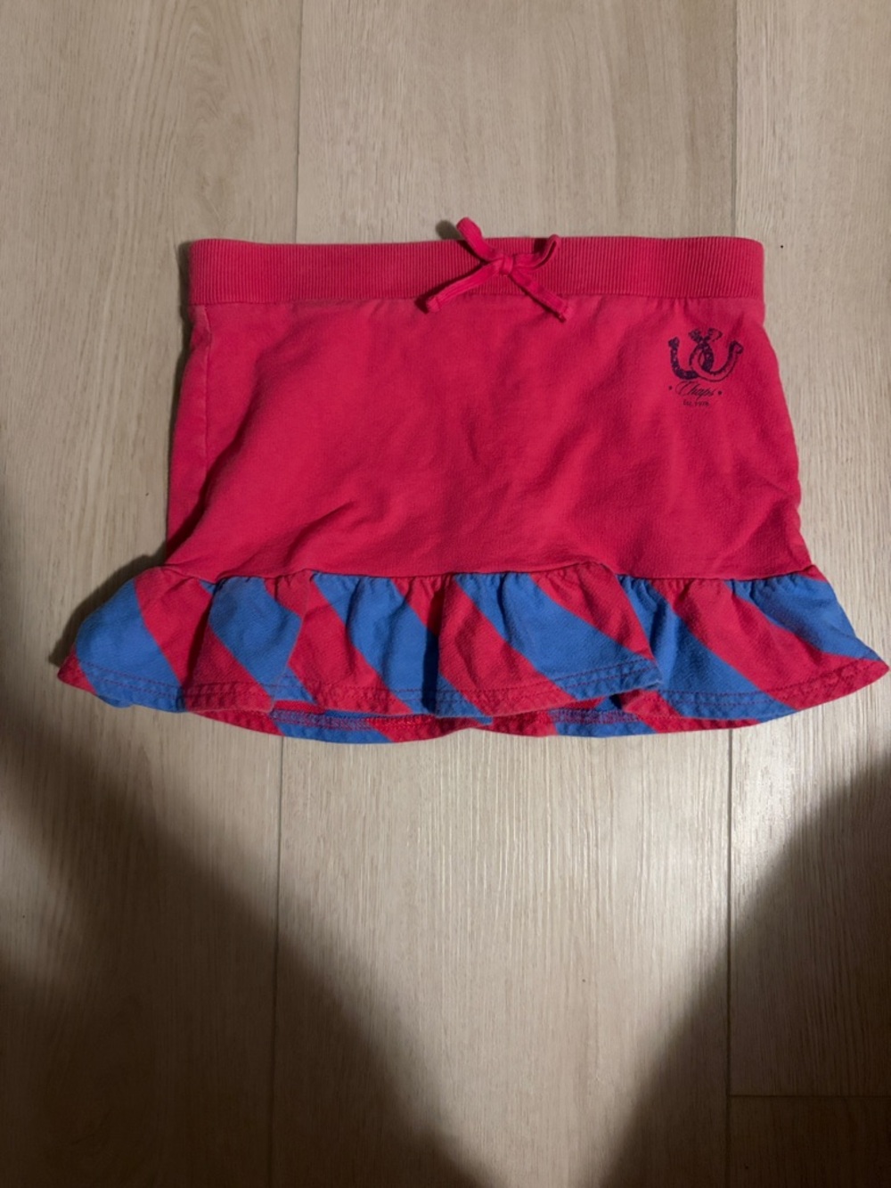 Chaps Pink Ruffle Hem Skirt with Blue Stripe